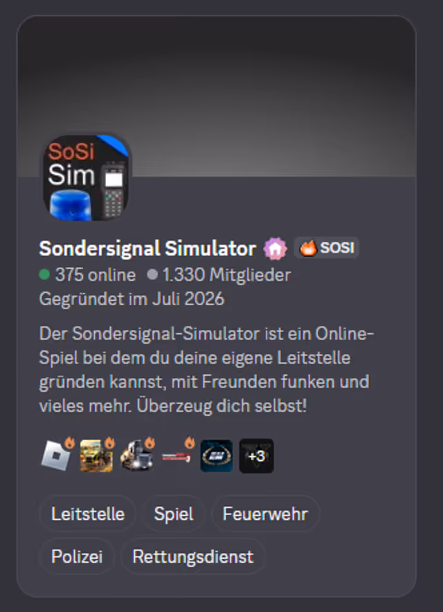 Vorschaukarte des Discord-Servers Sondersignal Simulator mit 375 Mitgliedern online, 1.330 Mitgliedern insgesamt und den Themen Leitstelle, Spiel, Feuerwehr, Polizei und Rettungsdienst.