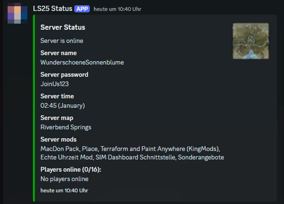 Discord-Einbettung mit Serverinformationen über den Farming Simulator 25