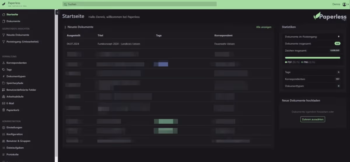 Startseite von Paperless-NGX mit zuletzt hochgeladenen Dokumenten