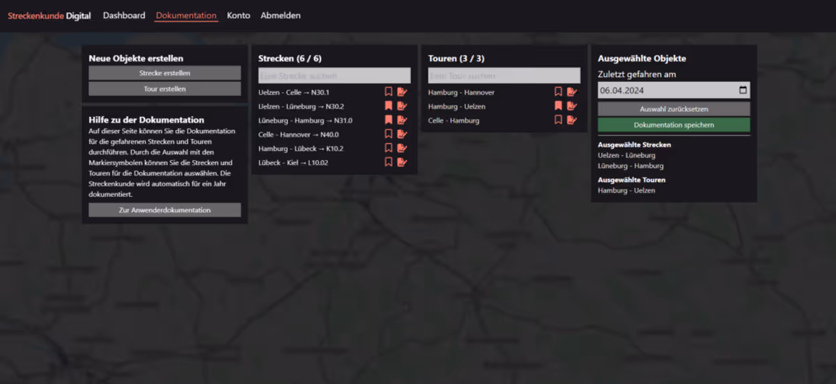 Dokumentationsübersicht in der Software „Streckenkunde Digital“