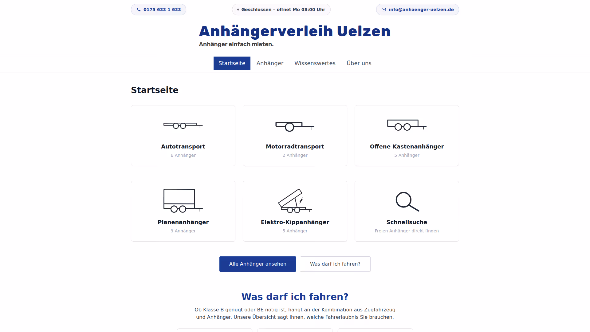 Screenshot der Startseite von Anhängerverleih Uelzen mit den Anhängerkategorien