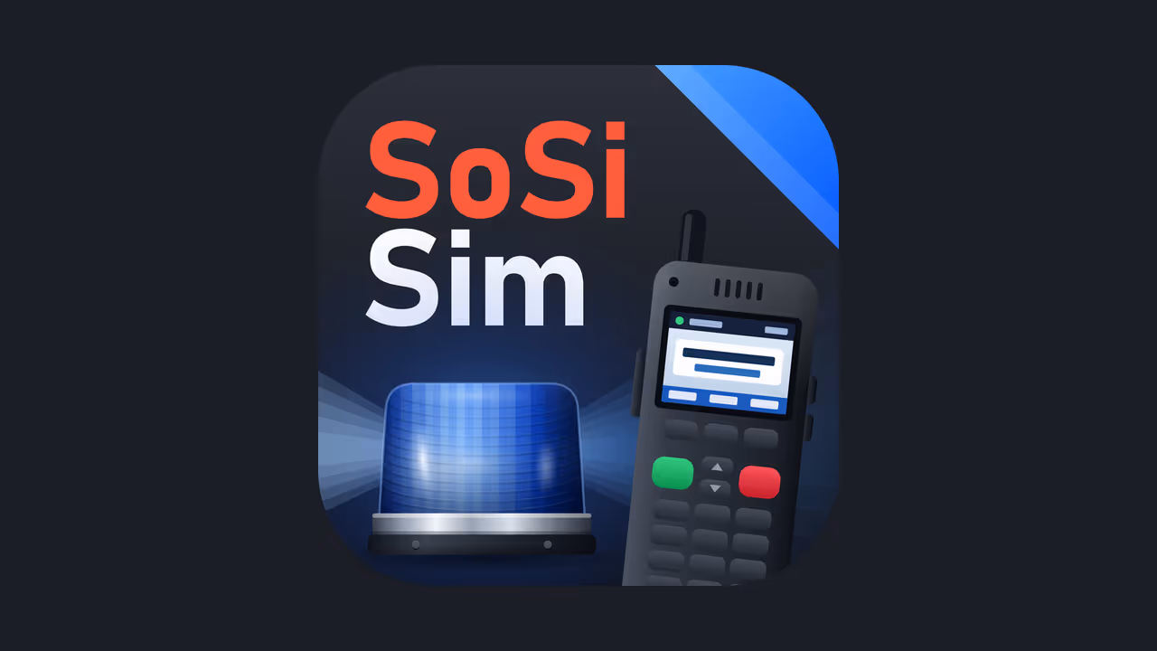 Neues Logo des Sondersignal Simulators mit dem Schriftzug SoSi Sim, Blaulicht und Handfunkgerät