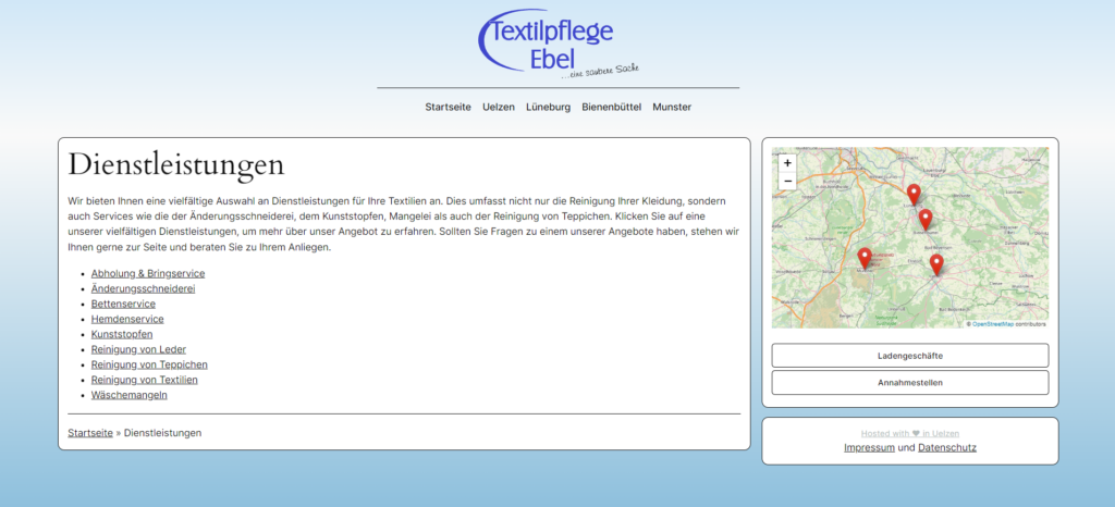 Referenz der Webseite "Textilpflege-Ebel": Dienstleistungen