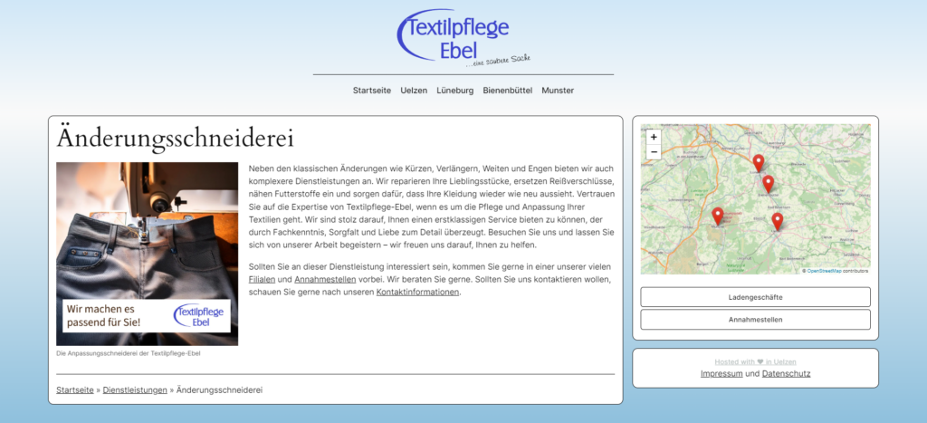 Referenz der Webseite "Textilpflege-Ebel": Dienstleistung