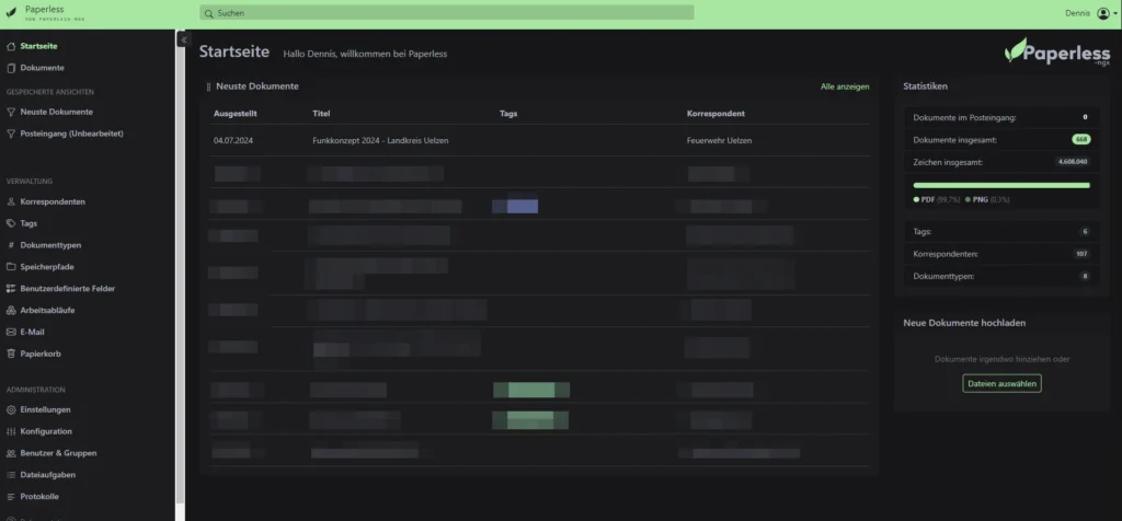 Startseite von Paperless-NGX mit zuletzt hochgeladenen Dokumenten
