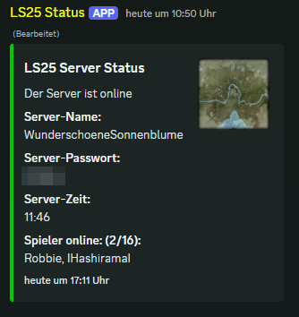 Discord Embed mit Statistiken über den Landwirtschaftssimulator-Spielserver