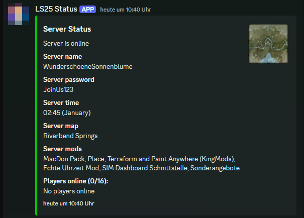 Discord-Einbettung mit Serverinformationen über den Farming Simulator 25